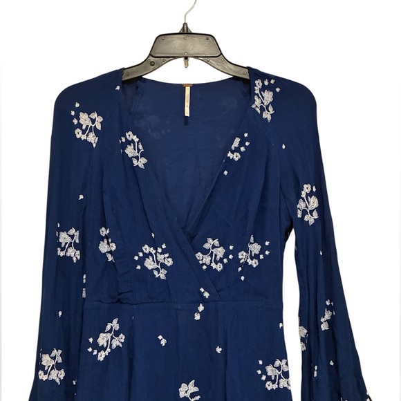 Free People Blue White Jasmine Floral Embroidered Long Bell Sleeve Gauzy Dress 2 - Picture 9 of 15
